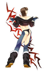 Rule 34 | 1boy, angel (kof), angel (kof) (cosplay), ass, boots, brown eyes, brown hair, chaps, command spell, cosplay, cropped jacket, fate/stay night, fate (series), fingerless gloves, from behind, gloves, highres, kotomine kirei, male focus, solo, sunday31, the king of fighters