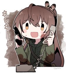 Rule 34 | 1girl, :d, ahoge, black hoodie, brown eyes, brown hair, corded phone, feather hair ornament, feathers, green jacket, gun, gyaheung, hair ornament, hairclip, handgun, hololive, hololive english, hood, hoodie, jacket, long hair, lowres, multicolored hair, nanashi mumei, open mouth, phone, ponytail, resident evil, resident evil 7: biohazard, simple background, smile, streaked hair, very long hair, virtual youtuber, weapon, | |