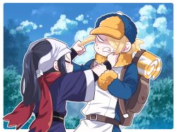 Rule 34 | 1boy, 1girl, akari (pokemon), bag, blonde hair, blue hair, clenched teeth, closed eyes, cloud, cloudy sky, commentary request, creatures (company), crying, game freak, grabbing another&#039;s hair, hat, highres, long hair, nintendo, outdoors, pokemon, pokemon legends: arceus, ponytail, scarf, short hair, sky, somehideyosi, sweat, teeth, tree, volo (pokemon)