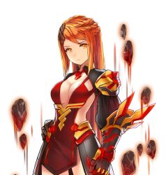 Rule 34 | 1girl, armor, armored skirt, braid, breasts, cleavage, closed mouth, clothing cutout, crown braid, dot nose, floating rock, game cg, gauntlets, gem, hair ornament, hand on own hip, jeanne (master of eternity), long hair, master of eternity, medium breasts, multiple braids, non-web source, official art, orange eyes, orange hair, plunging neckline, red gemstone, ringed eyes, shoulder armor, side cutout, sidelocks, simple background, solo, swept bangs, transparent background