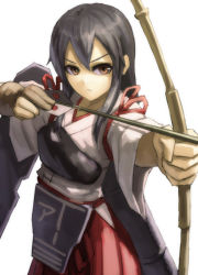 Rule 34 | 10s, 1girl, akagi (kancolle), archery, arrow (projectile), bad id, bad pixiv id, bow (weapon), breasts, brown eyes, drawing bow, gloves, holding, holding bow (weapon), holding weapon, japanese clothes, kantai collection, kurione (zassou), kyuudou, large breasts, long hair, miko, muneate, partially fingerless gloves, partly fingerless gloves, personification, perspective, simple background, single glove, solo, weapon, white background, yugake
