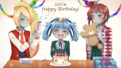 Rule 34 | 3girls, :d, arms up, bad id, bad pixiv id, birthday, birthday cake, blonde hair, blue hair, blue skin, blush, box, brown hair, cake, checkered clothes, checkered kimono, closed eyes, colored skin, commentary request, confetti, dated, english text, eyes visible through hair, food, gift, gift box, green hakama, green jacket, grin, hair ornament, hair over one eye, hair ribbon, hakama, hakama skirt, happy birthday, highres, holding, holding stuffed toy, hoshikawa lily, jacket, japanese clothes, kimono, looking at another, multicolored hair, multiple girls, necktie, nikaidou saki, one eye closed, open clothes, open jacket, open mouth, orange neckwear, party popper, plate, plate stack, red eyes, red jacket, ribbon, short hair, simple background, skirt, smile, sparkle, star (symbol), star hair ornament, streaked hair, streamers, stuffed animal, stuffed toy, table, teddy bear, teeth, tomo takino, twitter username, two side up, upper body, upper teeth only, white background, yuugiri (zombie land saga), zombie land saga