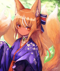Rule 34 | 1girl, absurdres, animal ear fluff, animal ears, commentary, dark-skinned female, dark skin, extra ears, floral print, fox ears, fox girl, hair ornament, highres, hololive, inre kemomimi, japanese clothes, multiple tails, orange eyes, pointy ears, shiranui flare, shiranui flare (new year), signature, solo, tail, virtual youtuber