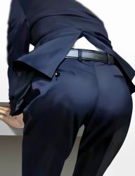 Rule 34 | 1boy, ass, ass focus, belt, blue suit, formal, from behind, highres, male focus, original, salaryman, simple background, solo, suit, wadani hitonori, white background