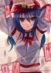 Rule 34 | 1girl, armpits, arms up, blue hair, cabbie hat, detached sleeves, flat cap, hat, hat ornament, highres, japanese clothes, katayama kei, label girl (dipp), mandarin collar, midriff, miko, navel, red skirt, side ponytail, skirt, solo, star (symbol), star hat ornament, touhou, vest, white vest