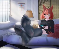 Rule 34 | 1girl, absurdres, animal ears, arknights, black thighhighs, chewing, controller, feet, flametail (arknights), game controller, highres, medium hair, red hair, see-through, see-through legwear, soles, tail, thighhighs, toes, yellow eyes