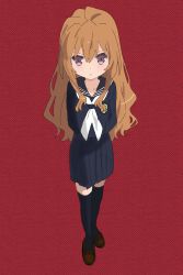 Rule 34 | 1girl, aisaka taiga, arms behind back, black serafuku, black thighhighs, bobfeng, brown eyes, brown footwear, brown hair, closed mouth, commentary request, hair between eyes, highres, neckerchief, partial commentary, red background, school uniform, serafuku, shoes, solo, standing, thighhighs, toradora!, white neckerchief