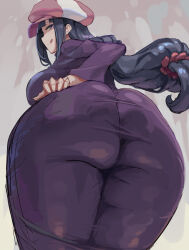 Rule 34 | 1girl, ass, blue hair, breasts, cabbie hat, coat, curvy, freckles, gundam, gundam build fighters, hand on own hip, hat, huge ass, impossible clothes, kazo (kazozakazo), large breasts, long hair, looking at viewer, mihoshi (gundam bf), ponytail, wide hips