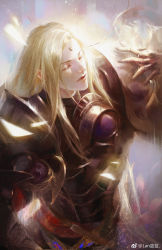 Rule 34 | 1boy, armor, blonde hair, breastplate, commentary, english commentary, closed eyes, final fantasy, final fantasy xiv, from side, garlean, glowing, hand up, highres, long hair, male focus, pauldrons, platinalsh, realistic, shards, shoulder armor, solo, straight hair, third eye, upper body, zenos yae galvus
