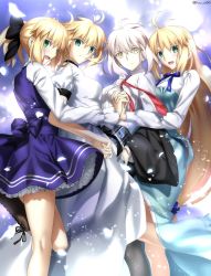 Rule 34 | 4girls, ahoge, alternate costume, artist name, artoria caster (fate), artoria caster (third ascension) (fate), artoria pendragon (all), artoria pendragon (fate), black skirt, blue ribbon, blue skirt, blush, breasts, character request, fate/grand order, fate (series), foo (pixiv54892036), frilled skirt, frills, green eyes, grey hair, highres, holding hands, long hair, looking at viewer, medium breasts, multiple girls, necktie, official alternate costume, plaid, plaid skirt, red neckwear, ribbon, saber (fate), saber alter, saber alter (traveling outfit) (fate), saber lily, saber lily (festival outfit) (fate), shirt, short ponytail, skirt, smile, white shirt, yellow eyes
