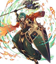Rule 34 | 1boy, attack, axe, battle axe, cape, ephraim (fire emblem), ephraim (twin refulgence) (fire emblem), ephraim (twin refulgence) (resplendent) (fire emblem), fire, fire emblem, fire emblem: the sacred stones, fire emblem heroes, gold trim, green eyes, highres, holding, holding axe, holding shield, nintendo, non-web source, official alternate costume, official art, open mouth, red cape, shield, solo, weapon