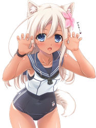 Rule 34 | 10s, 1girl, animal ears, bare shoulders, blonde hair, blue eyes, bracelet, claw pose, collarbone, colored eyelashes, covered navel, cowboy shot, crop top, dog ears, dog tail, fang, flower, hair flower, hair ornament, highres, jewelry, kantai collection, kemonomimi mode, looking at viewer, moeki yuuta, neckerchief, one-piece swimsuit, open mouth, ro-500 (kancolle), sailor collar, school swimsuit, simple background, solo, swimsuit, swimsuit under clothes, tail, tan, tanline, tareme, white background, wolf ears, wolf tail, yujin-yujin