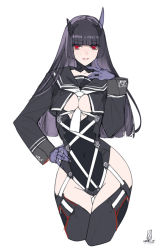 Rule 34 | 1girl, ban! (bansankan), between breasts, black hair, breasts, collarbone, contrapposto, garter straps, gloves, gluteal fold, groin, hand on own chest, hand on own hip, hime cut, medium breasts, original, red eyes, sailor collar, solo, thigh gap, thighhighs, white background, wide hips