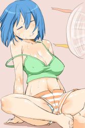 Rule 34 | 10s, 1girl, bare legs, bare shoulders, blue hair, breasts, cleavage, closed eyes, covered erect nipples, electric fan, hot, mahou shoujo madoka magica, mahou shoujo madoka magica (anime), miki sayaka, navel, open mouth, panties, shinama, short hair, shorts, solo, strap slip, striped clothes, striped panties, striped shorts, sweat, underwear, upshorts
