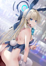 Rule 34 | 1girl, akatsuki hijiri, animal ears, ass, bare shoulders, blonde hair, blue archive, blue bow, blue bowtie, blue eyes, blue hairband, blue leotard, blue nails, blurry, blurry background, blush, bow, bowtie, closed mouth, commentary, detached collar, fake animal ears, fake tail, from behind, hairband, halo, highres, leotard, long hair, looking at viewer, looking back, nail polish, rabbit ears, rabbit tail, signature, solo, symbol-only commentary, tail, thighhighs, toki (blue archive), toki (bunny) (blue archive), v, white thighhighs, wrist cuffs