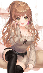 Rule 34 | 1girl, :d, absurdres, bang dream!, bare shoulders, belt, black belt, black footwear, blush, boots, breasts, brown hair, cleavage, collarbone, commentary, cowboy shot, dress, earrings, green eyes, hair between eyes, hair ornament, hand in own hair, heart, highres, huge filesize, imai lisa, jewelry, liso, long hair, long sleeves, looking at viewer, medium breasts, necklace, off-shoulder dress, off shoulder, open mouth, ponytail, rabbit earrings, ribbed dress, sidelocks, sitting, smile, solo, thigh boots, thighhighs, water drop, white background, zettai ryouiki