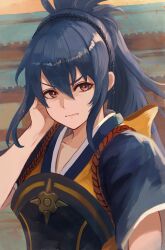 Rule 34 | 1girl, angry, armor, black hair, black hairband, black kimono, breastplate, brown eyes, commentary, fire emblem, fire emblem fates, hair between eyes, hairband, hand on own face, highres, japanese clothes, kimono, labebebe lee, long hair, looking at viewer, nintendo, oboro (fire emblem), ponytail, sidelocks, solo