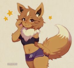 Rule 34 | 1girl, :3, animal ear fluff, animal ears, animal hands, animal nose, bare shoulders, black shirt, blue shorts, blush, body fur, breasts, bright pupils, brown eyes, brown fur, brown hair, claws, cowboy shot, creatures (company), drawstring, eevee, female focus, fox ears, fox girl, fox tail, furry, furry female, game freak, gen 1 pokemon, grey background, hair between eyes, hand up, happy, highres, looking at viewer, midriff, multicolored hair, navel, neck fur, nintendo, nose blush, off-shoulder shirt, off shoulder, open mouth, pawpads, personification, pokemon, pokemon (creature), shirt, short hair, short shorts, shorts, side slit, sidelocks, simple background, small breasts, smile, solo, standing, star (symbol), stomach, streaked hair, tail, thighs, two-tone fur, two-tone hair, waspsalad, white hair, white pupils, yellow fur
