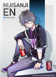 Rule 34 | 1boy, black nails, black sweater, blue hair, brown hair, can, character name, coca-cola, commentary, copyright name, cosplay, earrings, english commentary, from side, glasses, holding, holding can, ike eveland, jewelry, lanyard, male focus, multicolored hair, nail polish, nijisanji, nijisanji en, ordif, pants, purple footwear, purple pants, selen tatsuki, selen tatsuki (1st costume), selen tatsuki (cosplay), shoes, sitting, smile, sneakers, solo, streaked hair, sweater, virtual youtuber