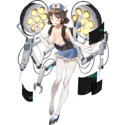 Rule 34 | 1girl, ammunition pouch, aqua hat, aqua skirt, artist request, aurora (final gear), bottle, breasts, bridal gauntlets, brown hair, cable, claws, cleavage, collarbone, final gear, full body, gloves, half updo, hat, highres, holding, holding bottle, lights, mechanical arms, nurse, nurse cap, official art, one eye closed, open mouth, pantyhose, plus sign, plus sign print, pouch, purple eyes, screen, short hair, simple background, single mechanical arm, skirt, solo, syringe, tachi-e, third-party source, transparent background, two-tone footwear, two-tone hat, white bridal gauntlets, white gloves, white pantyhose, wings ornament