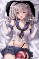 Rule 34 | 1girl, absurdres, black hairband, black neckerchief, black panties, blue eyes, blue sailor collar, blue skirt, breasts, cleavage, cosplay, cowboy shot, crop top, elbow gloves, gloves, grey hair, hairband, highleg, highleg panties, highres, himura moritaka, kantai collection, kashima (kancolle), large breasts, long hair, looking at viewer, lying, microskirt, navel, neckerchief, open mouth, panties, pillow, sailor collar, shimakaze (kancolle), shimakaze (kancolle) (cosplay), shirt, sidelocks, skirt, sleeveless, sleeveless shirt, solo, striped clothes, striped thighhighs, thighhighs, translation request, twintails, twitter username, underwear, wavy hair, white gloves
