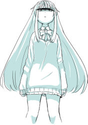 Rule 34 | 1girl, aqua theme, arms at sides, bow, cowboy shot, cyclops, half-closed eye, highres, kuronyankokko, long hair, looking at viewer, miniskirt, monochrome, one-eyed, original, perspective, pleated skirt, sidelocks, simple background, skirt, solo, standing, sweater, uneven eyes, uniform, very long hair, white background