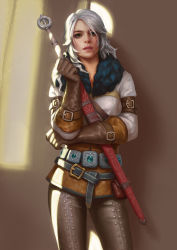 Rule 34 | 1girl, absurdres, belt, breasts, ciri, freckles, gloves, green eyes, highres, jacket, jewelry, lips, long hair, looking at viewer, makeup, medium breasts, necklace, scar, short hair, silver hair, solo, sword, the witcher (series), the witcher 3, weapon, winter clothes, yangzheyy