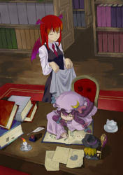 Rule 34 | 2girls, blanket, book, bookshelf, broom, candle, character doll, covering with blanket, crescent, cup, closed eyes, female focus, hat, head wings, inkwell, kirisame marisa, koakuma, library, long hair, multiple girls, open book, paper, patchouli knowledge, purple hair, quill, red hair, room, sitting, sleeping, table, teacup, embodiment of scarlet devil, touhou, vanilla (nekomist), voile, wings, witch, witch hat