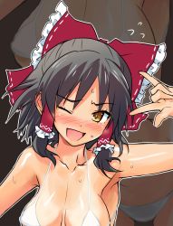 Rule 34 | 1girl, :d, areola slip, armpits, bikini, black hair, blush, bow, breasts, cleavage, commentary request, cookie (touhou), covered erect nipples, flying sweatdrops, frilled bow, frilled hair tubes, frills, hair bow, hair tubes, hakurei reimu, looking at viewer, m/, medium breasts, medium hair, nose blush, one eye closed, open mouth, red bow, sananana (cookie), smile, solo, sweat, swimsuit, touhou, upper body, white bikini, yamabe no akahito, yellow eyes, zoom layer