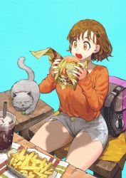 Rule 34 | 1girl, animal, backpack, bag, blue background, breasts, brown eyes, brown hair, bug, burger, cat, collar, cup, drinking glass, drinking straw, food, french fries, grasshopper, hair ornament, hairclip, highres, ice, ice cube, insect, jewelry, jun (navigavi), open mouth, original, ring, short hair, shorts, simple background, sitting, solo, teeth, unworn backpack, unworn bag
