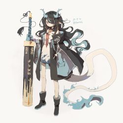 Rule 34 | 1girl, arknights, blue hair, chinese text, coat, dusk (arknights), hair over one eye, highres, holding, holding weapon, long hair, looking at viewer, multicolored hair, necktie, pointy ears, red eyes, solo, streaked hair, sword, thurim6, weapon