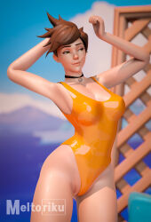 Rule 34 | 1girl, 3d, absurdres, armpits, arms up, blender (medium), blizzard (company), bodysuit, breasts, brown eyes, brown hair, choker, female focus, highres, latex, latex bodysuit, latex leotard, leotard, medium breasts, meltoriku, one-piece swimsuit, overwatch, panties, short hair, standing, swimsuit, thick thighs, thighs, tracer (overwatch), underwear, united kingdom