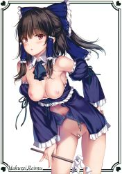 Rule 34 | 1girl, absurdres, alternate color, alternate costume, ascot, bare shoulders, black hair, blue ascot, blue bow, blush, bow, breasts, censored, character name, collar, cowboy shot, detached collar, detached sleeves, female pubic hair, frilled bow, frilled collar, frilled sleeves, frills, garter belt, gohei, hair between eyes, hair bow, hair tubes, hakurei reimu, half updo, heart, highres, holding, leaning forward, long sleeves, looking at viewer, medium breasts, monety, nipples, parted lips, pink eyes, pink lips, pubic hair, ribbon-trimmed collar, ribbon-trimmed sleeves, ribbon trim, scan, short hair, sidelocks, simple background, solo, standing, thighs, touhou, white background, wide sleeves, wing collar