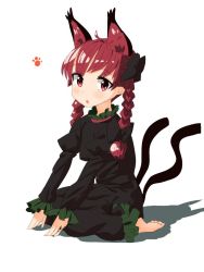 Rule 34 | 1girl, :o, ahoge, animal ear fluff, animal ears, barefoot, blush, bow, braid, cat ears, cat tail, dress, extra ears, hair bow, juliet sleeves, kaenbyou rin, long sleeves, looking at viewer, multiple tails, nekomata, open mouth, polpol, puffy sleeves, red eyes, red hair, simple background, sitting, solo, tail, toes, touhou, twin braids, two tails, white background
