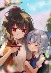 Rule 34 | 2girls, :3, arm hug, black ribbon, blue bow, blue hair, blue shirt, blurry, blurry background, blush, bow, branch, brown hair, cherry blossoms, cirno, closed eyes, closed mouth, collared shirt, commentary, cup, falling petals, grin, hair between eyes, hair bow, hat, height difference, highres, holding, holding cup, hug, kutabiretainu, looking at another, medium hair, multiple girls, mutual hug, neck ribbon, orange shirt, petals, pom pom (clothes), puffy short sleeves, puffy sleeves, red eyes, red headwear, red ribbon, ribbon, sakazuki, shameimaru aya, shirt, short sleeves, smile, tokin hat, touhou, two-tone shirt, white shirt, wing hug, wings