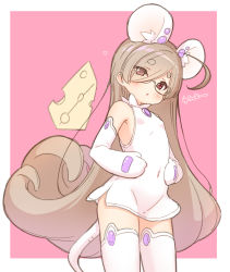 Rule 34 | 1girl, absurdres, ahoge, animal ear fluff, animal ears, bare shoulders, breasts, brown hair, cheese, covered navel, dress, eyes visible through hair, food, groin, hair over one eye, heart, highres, impossible clothes, impossible dress, jigatei (omijin), long hair, looking at viewer, mittens, mouse ears, mouse girl, mouse tail, original, pink background, short eyebrows, sleeveless, sleeveless dress, small breasts, solo, swept bangs, tail, thick eyebrows, thighhighs, two-tone background, very long hair, white background, white dress, white mittens, white thighhighs