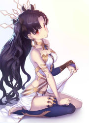Rule 34 | 1girl, arm support, armlet, asymmetrical gloves, asymmetrical legwear, bad id, bad pixiv id, bare arms, bare legs, bare shoulders, black hair, black ribbon, black thighhighs, blue gloves, blue thighhighs, blush, breasts, bridal gauntlets, cleavage, clenched hand, clothing cutout, crown, earrings, elbow gloves, fate/grand order, fate (series), female focus, full body, gem, gloves, gradient background, hair ribbon, hand on own thigh, has bad revision, has downscaled revision, highres, hoop earrings, ishtar (fate), jewelry, legs, long hair, looking at viewer, md5 mismatch, medium breasts, navel, navel cutout, neck, neck ring, red eyes, resolution mismatch, revealing clothes, revision, ribbon, ryuinu, simple background, single elbow glove, single glove, single thighhigh, sitting, solo, source smaller, split mouth, stirrup legwear, strapless, thighhighs, thighlet, thighs, toeless legwear, toes, tohsaka rin, two side up, type-moon, uneven gloves, uneven legwear, waist cape, wariza, wavy hair, white background