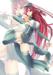 Rule 34 | 1girl, alternate eye color, bare shoulders, beret, bow, breasts, bridal gauntlets, brown eyes, chinese clothes, cleavage, cleavage cutout, clothing cutout, corset, female focus, hat, hong meiling, kicking, large breasts, legs, long hair, long legs, panties, pantyshot, raybar, red eyes, red hair, side slit, solo, thick thighs, thighhighs, thighs, touhou, underwear, very long hair, zoom layer