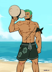 Rule 34 | 1boy, abs, alcohol, armband, beach, blue sky, clenched hand, cloud, cup, dated, dkirbyj, drawstring, drinking, drinking glass, earrings, closed eyes, feet out of frame, gourd, green hair, green male swimwear, green swim trunks, holding, jewelry, male focus, male swimwear, muscular, muscular male, ocean, one piece, outdoors, pectorals, print male swimwear, print swim trunks, print swimsuit, roronoa zoro, scar, scar across eye, scar on chest, short hair, signature, sky, solo, standing, swim trunks, swimsuit, water