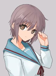 Rule 34 | 1girl, blue sailor collar, brown eyes, closed mouth, collarbone, commentary request, commission, expressionless, eyebrows hidden by hair, hair between eyes, hand up, highres, hundredburger, kita high school uniform, long sleeves, looking at viewer, nagato yuki, portrait, purple hair, red ribbon, ribbon, sailor collar, school uniform, serafuku, short hair, skeb commission, solo, suzumiya haruhi no yuuutsu, upper body