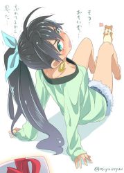 Rule 34 | 1girl, annoyed, barefoot, black hair, blush, bow, commentary request, earrings, from behind, ganaha hibiki, gift, green eyes, hair bow, hamuzou, hands on floor, head back, idolmaster, idolmaster (classic), jewelry, knees up, long hair, long sleeves, looking back, miyao ryuu, ponytail, shirt, shorts, simple background, sleeves past wrists, solo, tapping, tears, translation request, trembling, twitter username, watch, white background, wristwatch