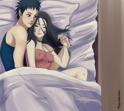 Rule 34 | 1boy, 1girl, aged up, alternate universe, artist name, bed, black hair, blush, breasts, brown hair, camisole, closed eyes, closed mouth, couple, covered erect nipples, cuddling, facial mark, hetero, holding hands, interlocked fingers, long hair, looking at another, naruto (series), naruto shippuuden, nohara rin, psyclopathe, uchiha obito