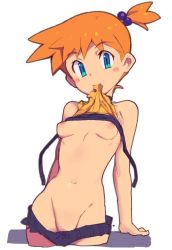 Rule 34 | 1girl, arm support, blush stickers, breasts, breasts out, clothes pull, creatures (company), female focus, game freak, groin, metata, misty (pokemon), mouth hold, navel, nintendo, nipples, orange hair, pokemon, pokemon (anime), pokemon (classic anime), shorts, shorts pull, side ponytail, simple background, small breasts, smile, solo, unfastened, white background