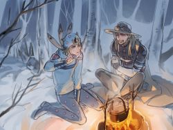Rule 34 | 2boys, arm warmers, bandana, blonde hair, blue eyes, campfire, cape, clenched teeth, cold, cooking, closed eyes, fingerless gloves, forest, gloves, goggles, gyro zeppeli, hat, heart, hood, hoodie, horseshoe, indian style, johnny joestar, jojo no kimyou na bouken, crossed legs, long hair, looking at another, male focus, multiple boys, nature, night, outdoors, pot, reammara, shoes, short hair, sitting, snow, spoon, star (symbol), star print, steam, steel ball run, teeth, tree, wariza