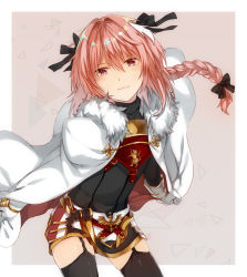 Rule 34 | 1boy, astolfo (fate), bad id, bad pixiv id, black thighhighs, blush, cape, fate/apocrypha, fate/grand order, fate (series), garter straps, gloves, hair ribbon, highres, long hair, looking at viewer, male focus, nagatsuki take, pink hair, purple eyes, ribbon, smile, solo, thighhighs, trap