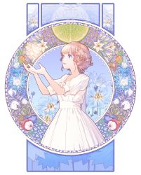 Rule 34 | 1girl, absurdres, art nouveau, blue eyes, bouno satoshi, dress, flower, hands up, highres, lily (flower), looking to the side, open mouth, orange hair, original, puffy sleeves, short hair, short sleeves, smile, solo, upper body, white dress