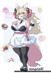Rule 34 | 1girl, absurdres, animal ears, animal nose, black necktie, black ribbon, black thighhighs, blonde hair, blue eyes, blush, body fur, breasts, commentary, detached collar, dress, fangs, food, fox, fox ears, fox girl, fox tail, furry, furry female, hair ribbon, highres, large breasts, long hair, maid, maid headdress, necktie, ookami0201, open mouth, original, pink fur, ribbon, simple background, solo, standing, tail, thick thighs, thighhighs, thighs, two-tone fur, white fur, wrist cuffs