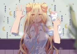 Rule 34 | 1boy, 1girl, arm up, blonde hair, breasts, brown eyes, cleavage, collarbone, collared shirt, commentary request, date a live, disembodied limb, double bun, dress shirt, eyes visible through hair, hair bun, hair over one eye, hand up, highres, holding another&#039;s wrist, hoshimiya mukuro, kabedon, long hair, long sleeves, medium breasts, mo (pixiv9929995), shirt, sleeves past wrists, solo focus, very long hair, wet, white shirt