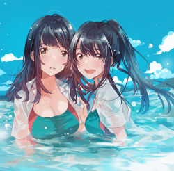 Rule 34 | 2girls, :d, aqua hair, aqua one-piece swimsuit, breasts, brown eyes, cleavage, cloud, competition swimsuit, day, dress shirt, fly (marguerite), from side, hand on another&#039;s arm, large breasts, looking at viewer, looking back, medium hair, multiple girls, one-piece swimsuit, open clothes, open mouth, open shirt, original, parted lips, ponytail, school uniform, shirt, sidelocks, sky, smile, swimsuit, swimsuit under clothes