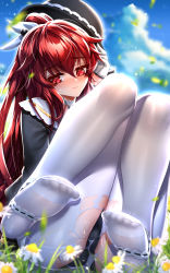 Rule 34 | 1girl, absurdres, bag, been, black panties, black shirt, blue background, bow, choker, closed mouth, daisy, day, elesis (elsword), elsword, flower, hair between eyes, hair bow, highres, jewelry, long hair, looking at viewer, outdoors, panties, pantyhose, pendant, red eyes, red hair, shirt, sitting, smile, solo, sparkle, torn clothes, torn pantyhose, underwear, very long hair, white bow, white choker, white flower, white pantyhose